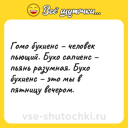 Шутка: Гомо бухиенс – человек пьющий. Бухо сапиенс – пьянь разумная. Бухо бухиенс – это мы в пятницу вечером.