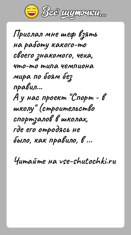 История: Прислал мне шеф взять на работу какого-то своего знакомого, чеха, что-то типа чемпиона мира по боям без правил...А у нас