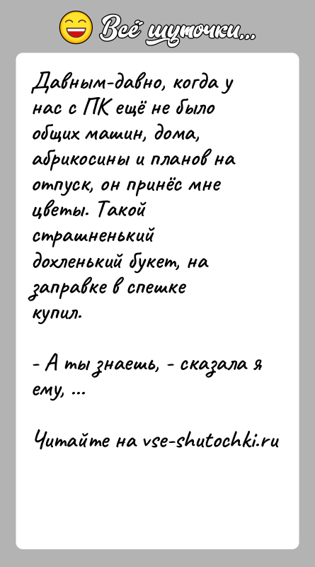 История: Давным-давно, когда у нас с ПК ещё не было общих машин, дома, абрикосины и планов на отпуск, он принёс мне