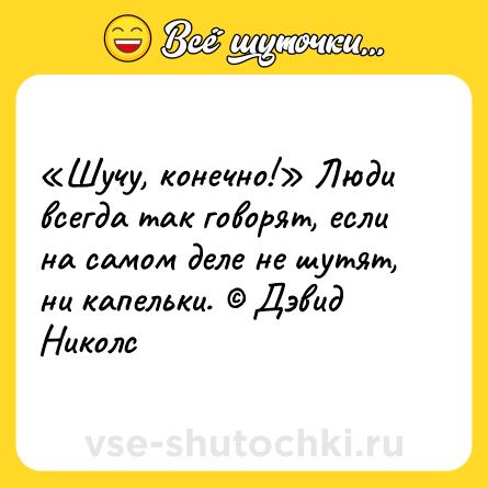 Шутка: «Шучу, конечно!» Люди всегда так говорят, если на самом деле не шутят, ни капельки. © Дэвид Николс