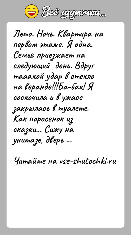 История: Лето. Ночь. Квартира на первом этаже. Я одна. Семья приезжает на следующий день. Вдруг тааакой удар в стекло на