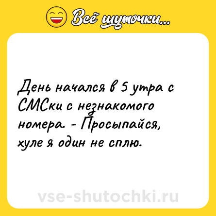 Шутка: День начался в 5 утра с СМСки с незнакомого номера. - Просыпайся, хуле я один не сплю.