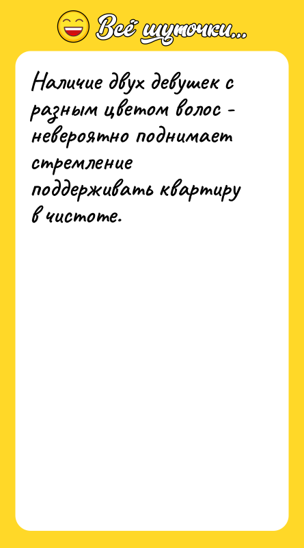 Шутка: Наличие двух девушек с разным цветом волос - невероятно поднимает стремление поддерживать квартиру в чистоте.