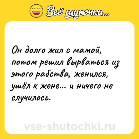 Шутка: Он долго жил с мамой, потом решил вырваться из этого рабства, женился, ушёл к жене… и ничего не случилось.